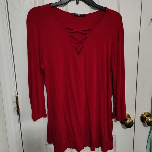 cha cha vente Fire Engine Red Sexy V Neck with Cross Hatch Detailing Long Sleeve - Picture 3 of 7